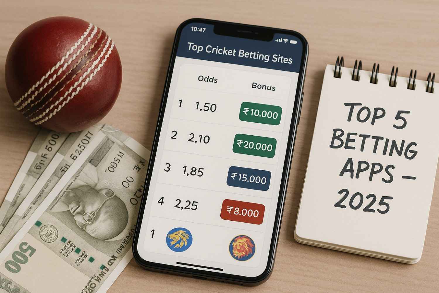 Top cricket betting sites in India for 2025 shown on smartphone with odds, bonuses, and cricket elements.