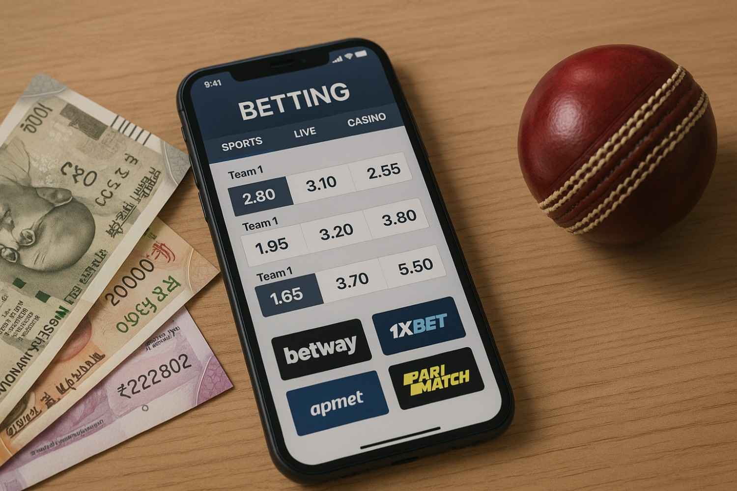 Mobile screen showing betting sites with high odds in India and popular sportsbook icons.