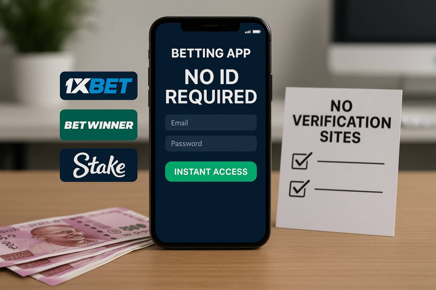 No verification betting sites in India shown on mobile screen with instant access login and site icons.