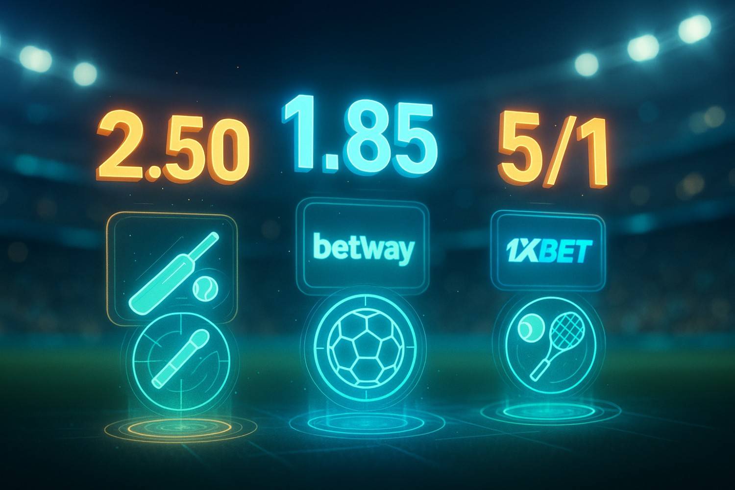 Sports betting odds explained for Indian users visualized with floating numbers and sportsbook icons in a virtual stadium.