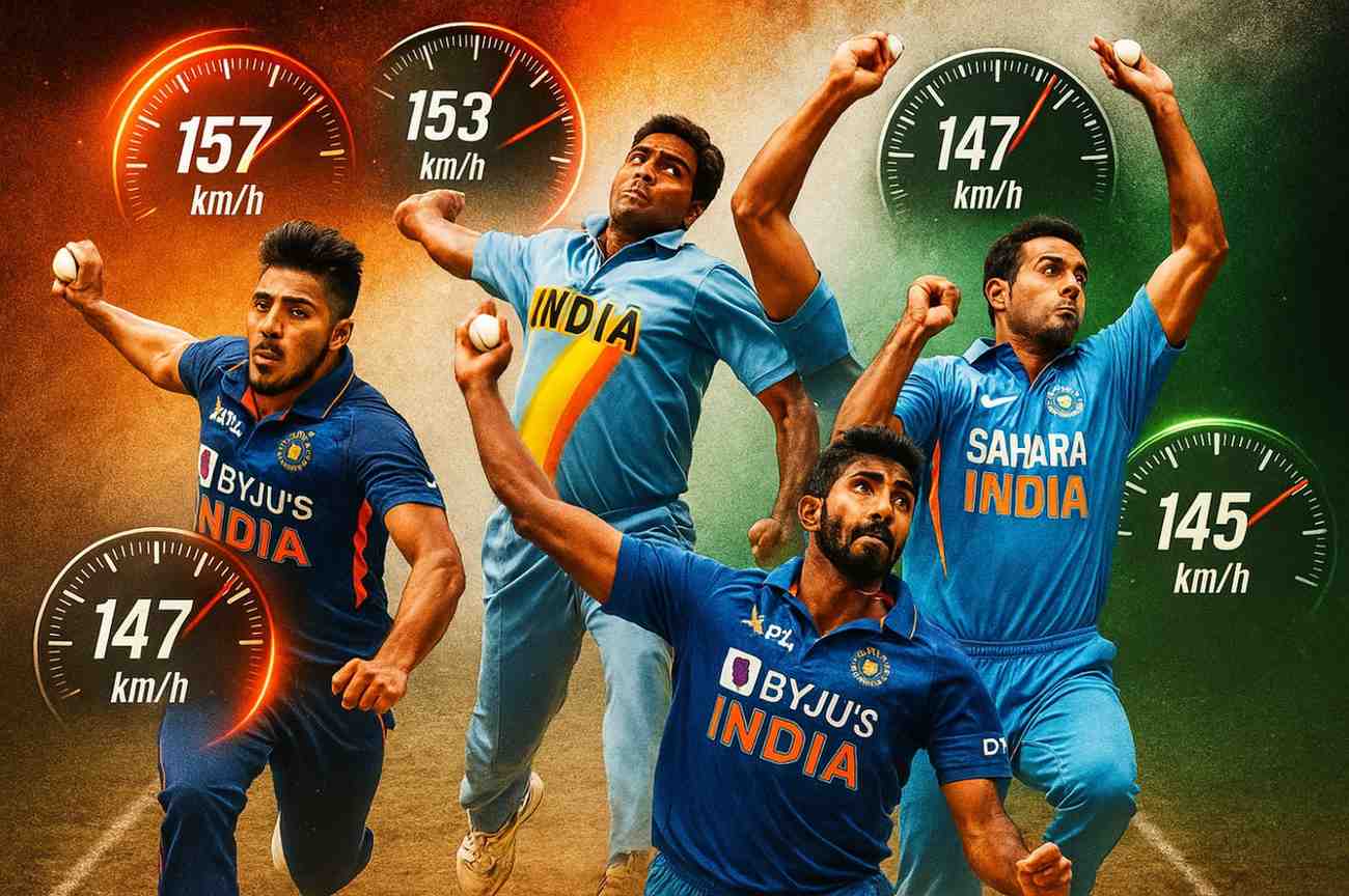 Top 10 fastest Indian bowlers of all time featuring Umran Malik, Jasprit Bumrah, and Javagal Srinath in dynamic bowling action with speed graphics and Indian flag colors.