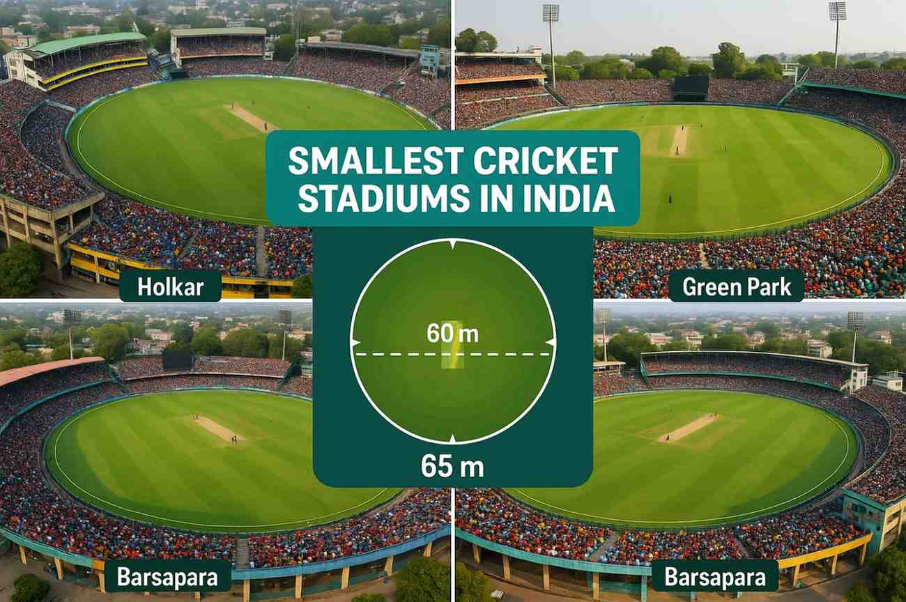Top 10 smallest cricket stadiums in India with aerial shots of Holkar, Barsapara, and Green Park Stadiums,