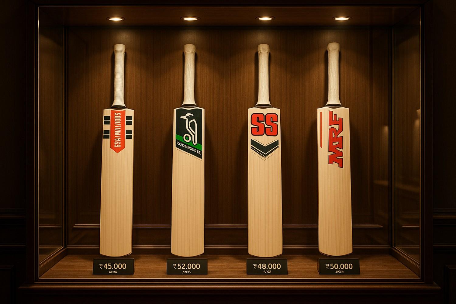 Display of the most expensive cricket bats in 2025 featuring premium brands like Gray-Nicolls, SS, and MRF,