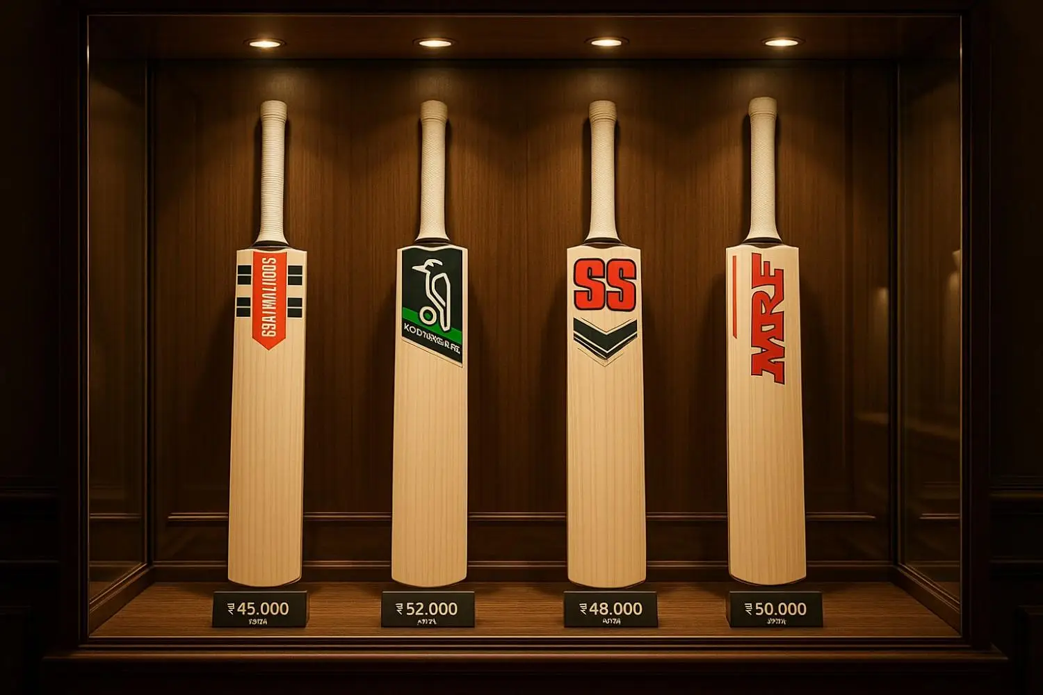 Display of the most expensive cricket bats in 2025 featuring premium brands like Gray-Nicolls, SS, and MRF,